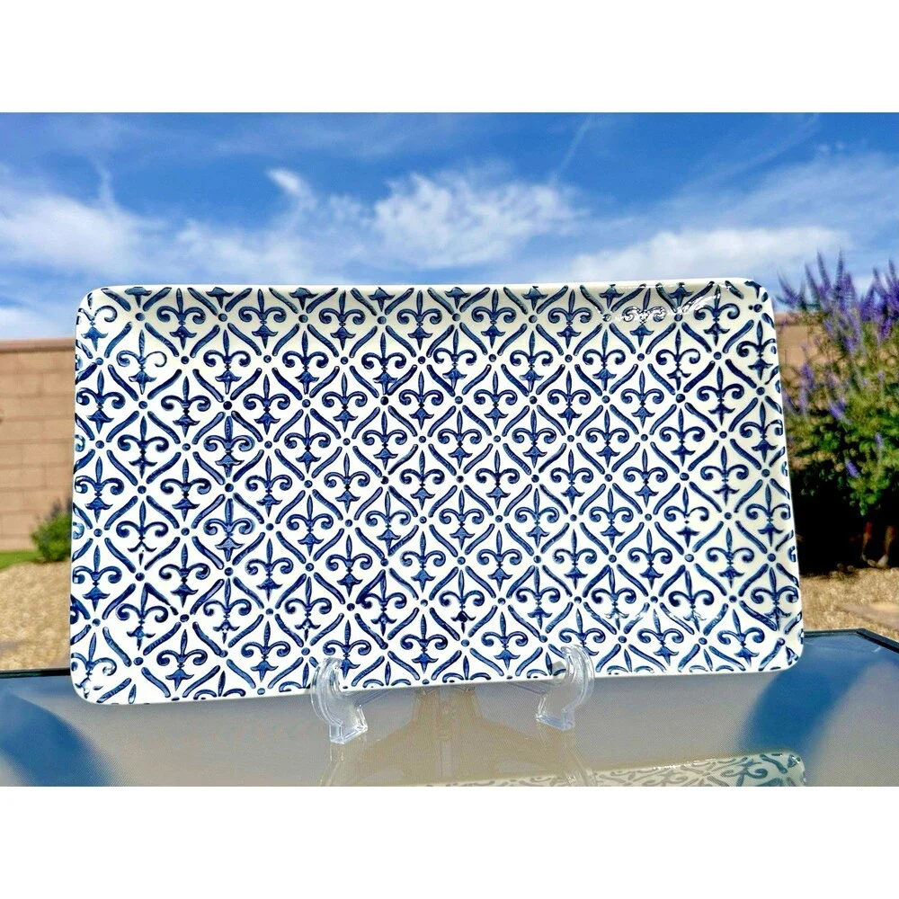 Sur la Table Fleur de Lis Rectangular Cobalt Blue & White Serving Platter Tray